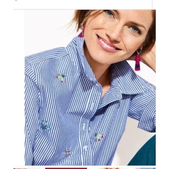 Talbots striped button down blouse rhinestone flowers and insect hand beaded. M - Picture 3 of 11